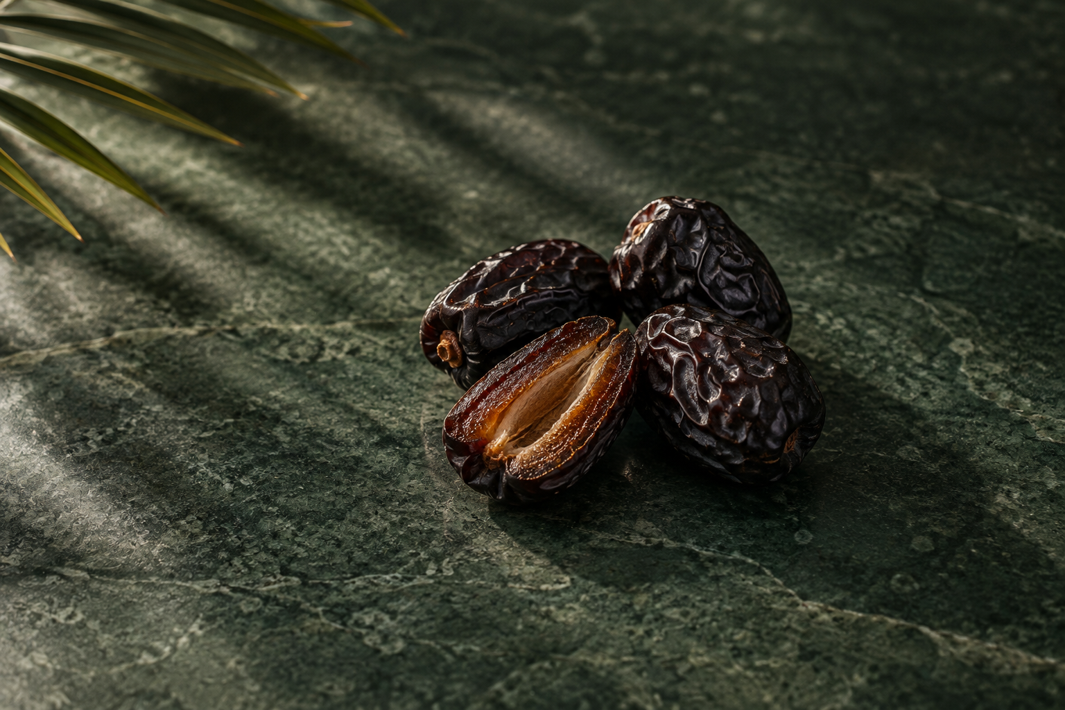A still life of dark dates on a deep green stone surface